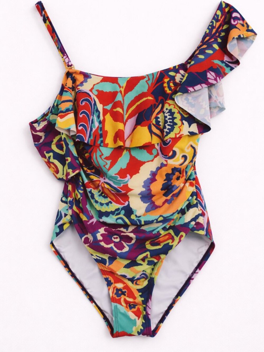 Tahari One Shoulder Ruffle Swimsuit Multicolor Print Size Small - Picture 1 of 7